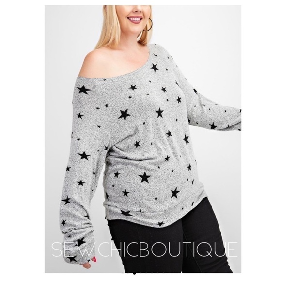 Plus Size Star Print Wide Neck Long Slv Top - Picture 3 of 6